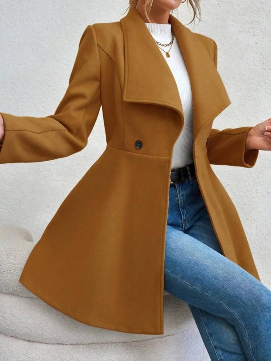Drune | Mittelanger Wollmantel Einfarbig mit Knöpfen, mit Reverskragen, Langen Ärmeln, Elegante, Lässige Jacke für Frauen