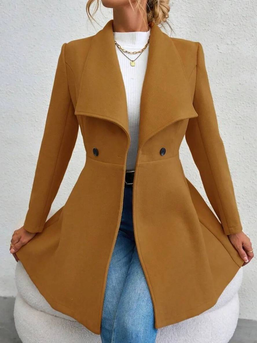 Drune | Mittelanger Wollmantel Einfarbig mit Knöpfen, mit Reverskragen, Langen Ärmeln, Elegante, Lässige Jacke für Frauen