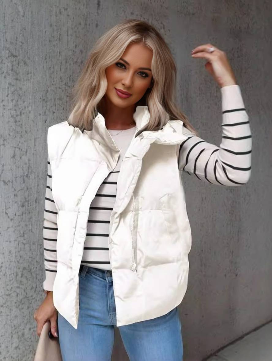 Drune | Kurze Einfarbige Daunenjacke mit Reißverschlusstaschen Ärmellos Damen Elegant Casual Winterweste