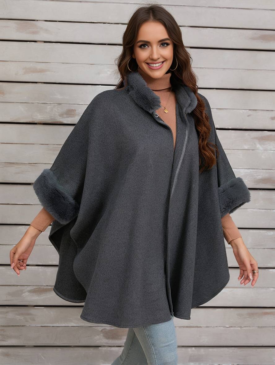 Drune | Mid-Length Poncho Mantel Damen Unregelmäßig Knöpfe Fledermausärmel Damen Elegant Lässig Oversized Jacke