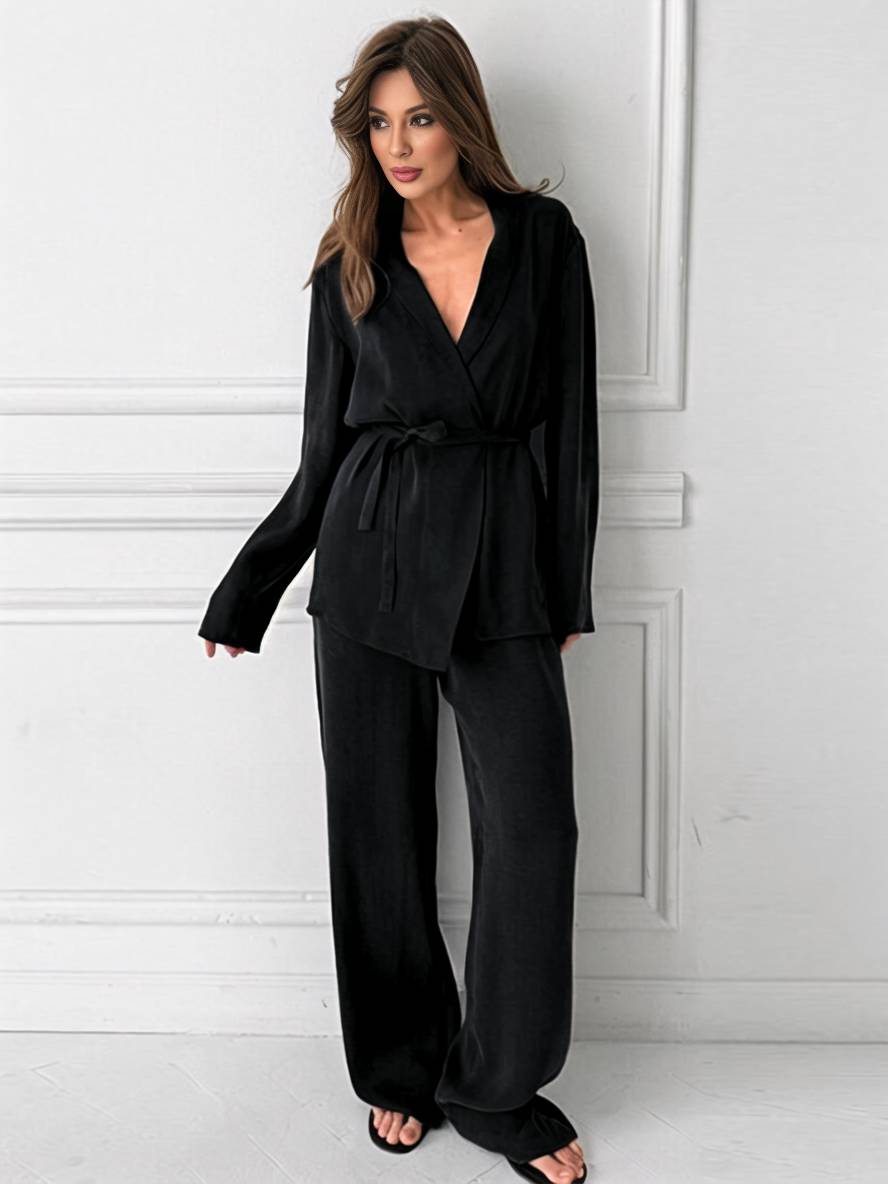 Drune | Outfits mit Hose V-Ausschnitt Gürtel Taschen Blazer Damen Elegant Lässig Zwei Teile