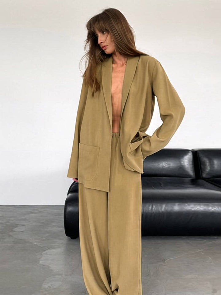 Drune | Outfits mit Hose V-Ausschnitt Gürtel Taschen Blazer Damen Elegant Lässig Zwei Teile