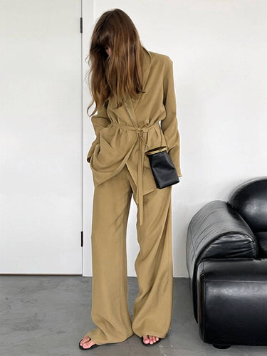 Drune | Outfits mit Hose V-Ausschnitt Gürtel Taschen Blazer Damen Elegant Lässig Zwei Teile