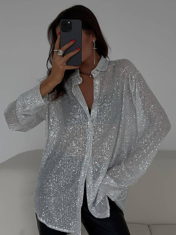 Drune | Bluse Brillante Pailletten Hemd Kragen Hemd Lange Ärmel Damen Elegant Lässig Oversized