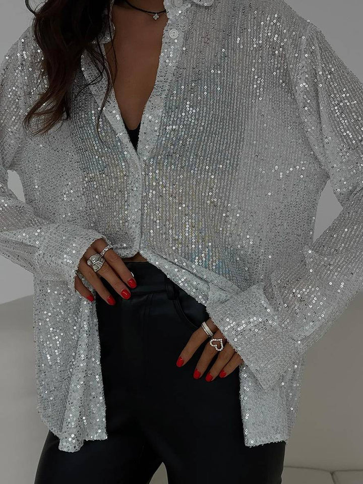 Drune | Bluse Brillante Pailletten Hemd Kragen Hemd Lange Ärmel Damen Elegant Lässig Oversized