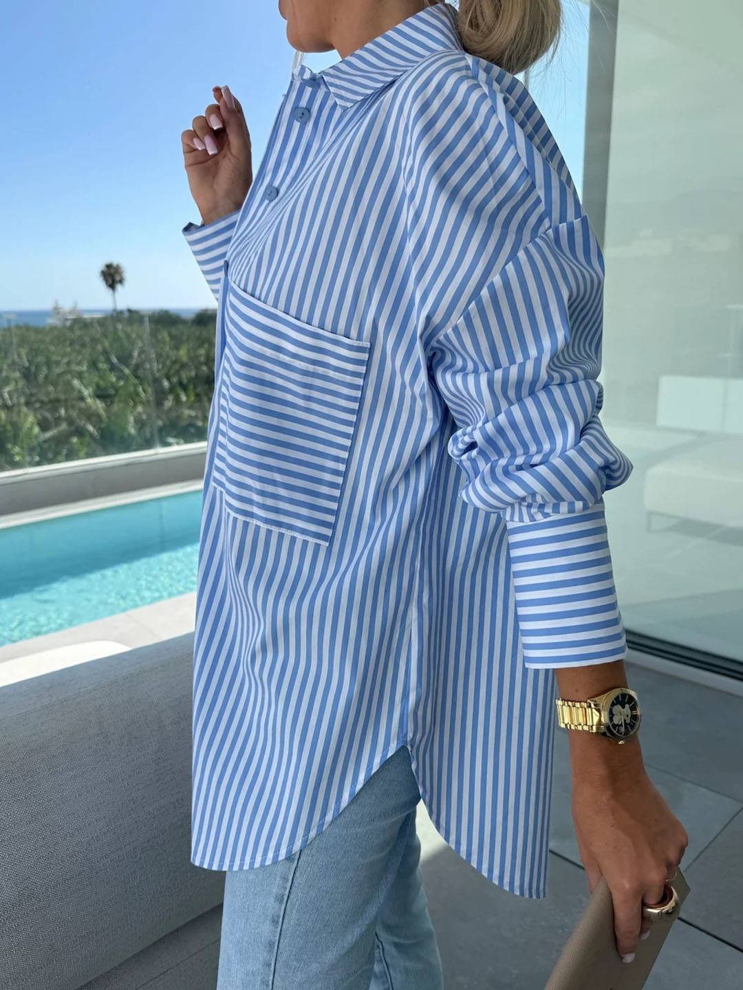 Drune | Gestreifte Bluse Button-Up Shirt Kragen Lange Ärmel Frauen Elegant Maßgeschneidert Freizeit Übergrößen