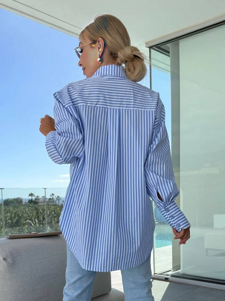 Drune | Gestreifte Bluse Button-Up Shirt Kragen Lange Ärmel Frauen Elegant Maßgeschneidert Freizeit Übergrößen