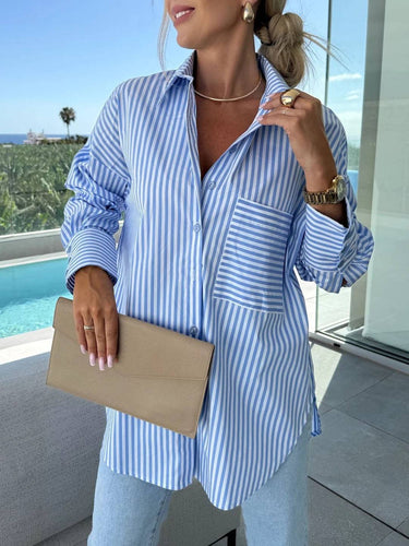 Drune | Gestreifte Bluse Button-Up Shirt Kragen Lange Ärmel Frauen Elegant Maßgeschneidert Freizeit Übergrößen
