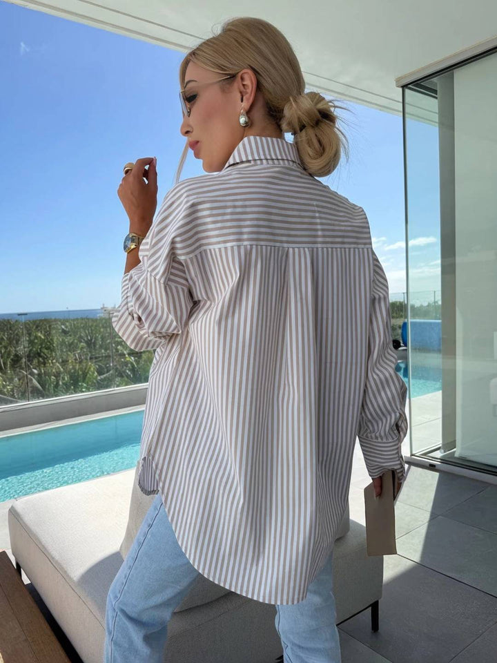 Drune | Gestreifte Bluse Button-Up Shirt Kragen Lange Ärmel Frauen Elegant Maßgeschneidert Freizeit Übergrößen