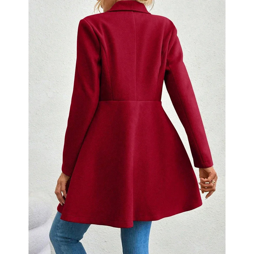 Drune | Damen Einfarbiger Langer Wintermantel mit Revers und Knopfverschluss