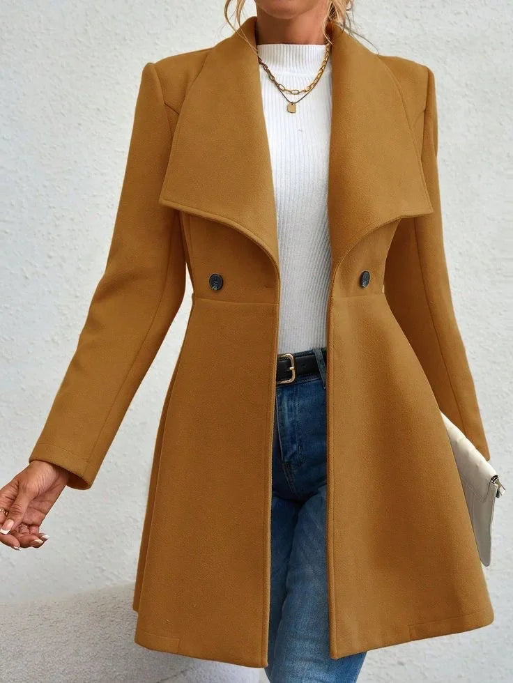 Drune | Damen Einfarbiger Langer Wintermantel mit Revers und Knopfverschluss