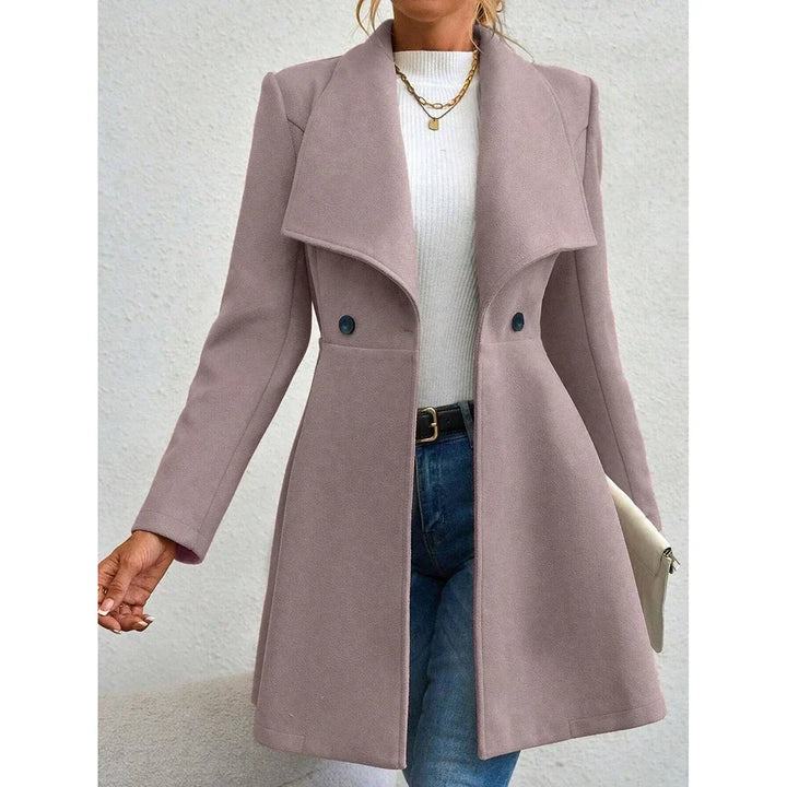 Drune | Damen Einfarbiger Langer Wintermantel mit Revers und Knopfverschluss