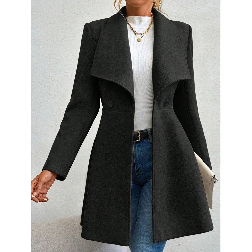 Drune | Damen Einfarbiger Langer Wintermantel mit Revers und Knopfverschluss
