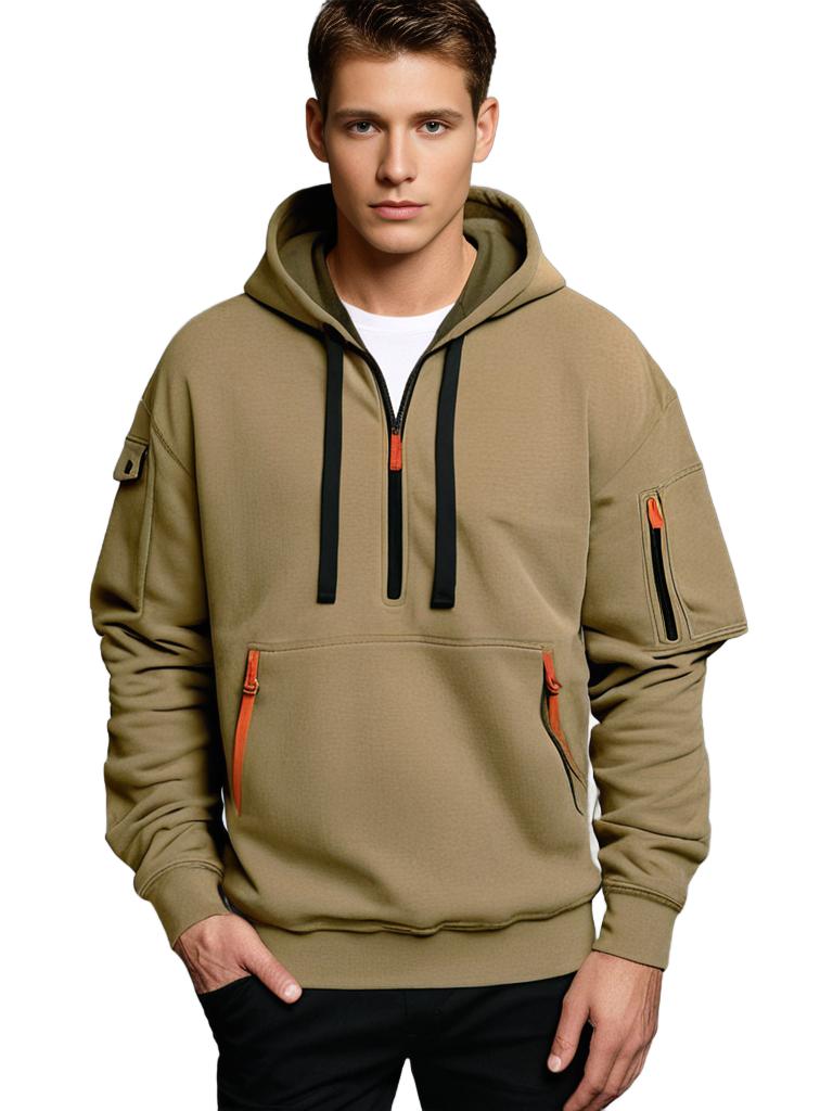 Drune | Kapuzenpullover Relaxed Fit Leichte Baumwolle Halber Reißverschluss Funktionale Details