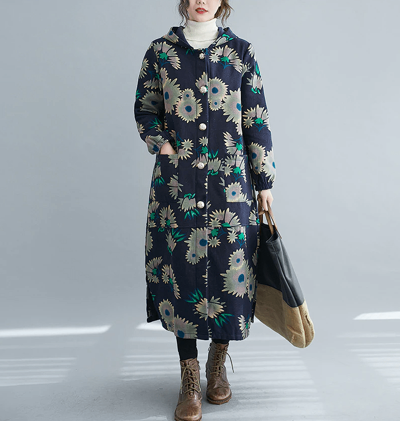 Drune | Steppmantel - Vintage-inspirierter Druck - Lange Wärme - Winterlage