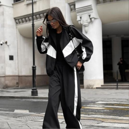 Damen Sportlicher Velours-Jogginganzug mit elegantem Reißverschluss und modernen Streifen Drune