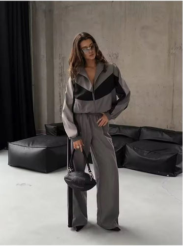 Damen Sportlicher Velours-Jogginganzug mit elegantem Reißverschluss und modernen Streifen Drune