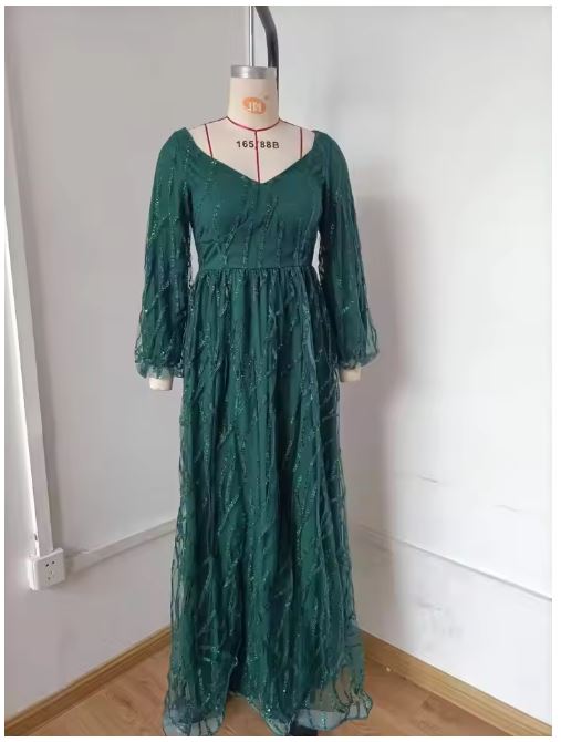 Damen Glamouröses Abendkleid mit funkelnden Pailletten und transparenten Ärmeln Drune