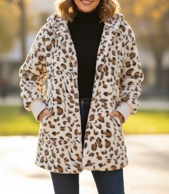 Damen Kuschelige Leo-Teddyjacke mit langen Ärmeln und elegantem Schnitt Drune