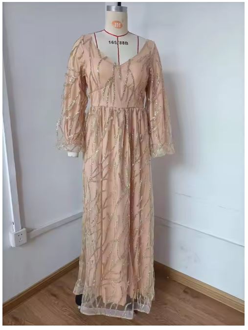 Damen Glamouröses Abendkleid mit funkelnden Pailletten und transparenten Ärmeln Drune