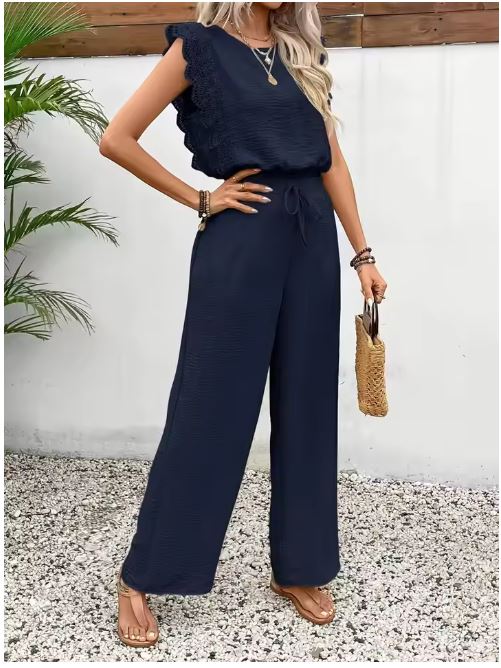 Damen eleganter Jumpsuit mit ausgestelltem Bein und hohem Kragen Drune