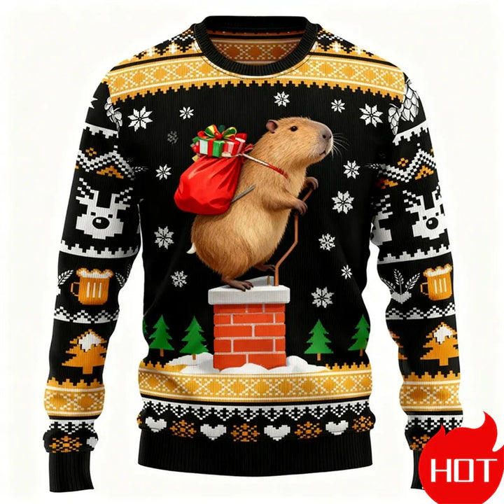 Drune | Weihnachts-Pullover - 3D Capybara Design, Warm Komfort & Fröhlicher Festlicher Stil