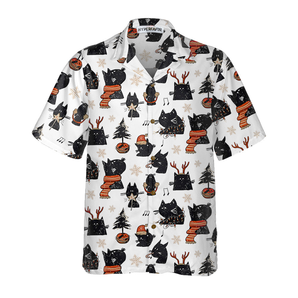 Drune | Cartoon Schwarz Katze Frohe Weihnachten Hawaiian Shirt, Lustiges Weihnachtskatze Shirt, Beste Weihnachtsgeschenkidee