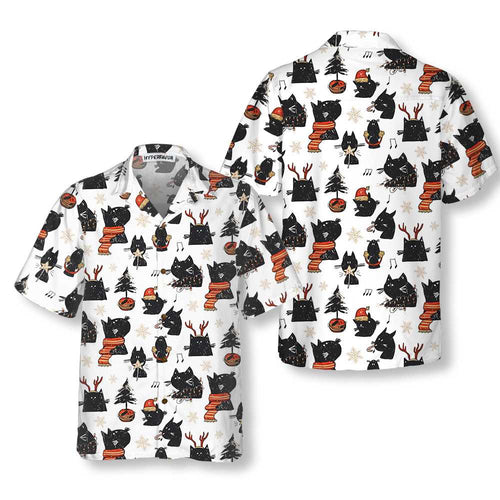 Drune | Cartoon Schwarz Katze Frohe Weihnachten Hawaiian Shirt, Lustiges Weihnachtskatze Shirt, Beste Weihnachtsgeschenkidee
