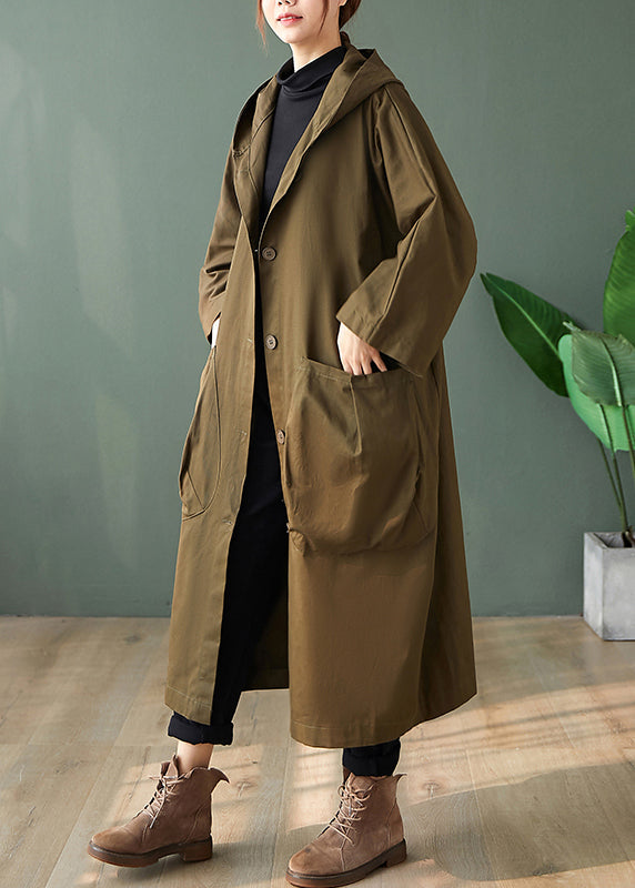 Drune | Schwarze Kapuzen-Taschen Patchwork Baumwoll Lange Trenchcoats Lange Ärmel