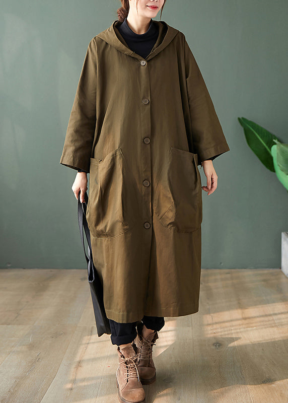 Drune | Schwarze Kapuzen-Taschen Patchwork Baumwoll Lange Trenchcoats Lange Ärmel