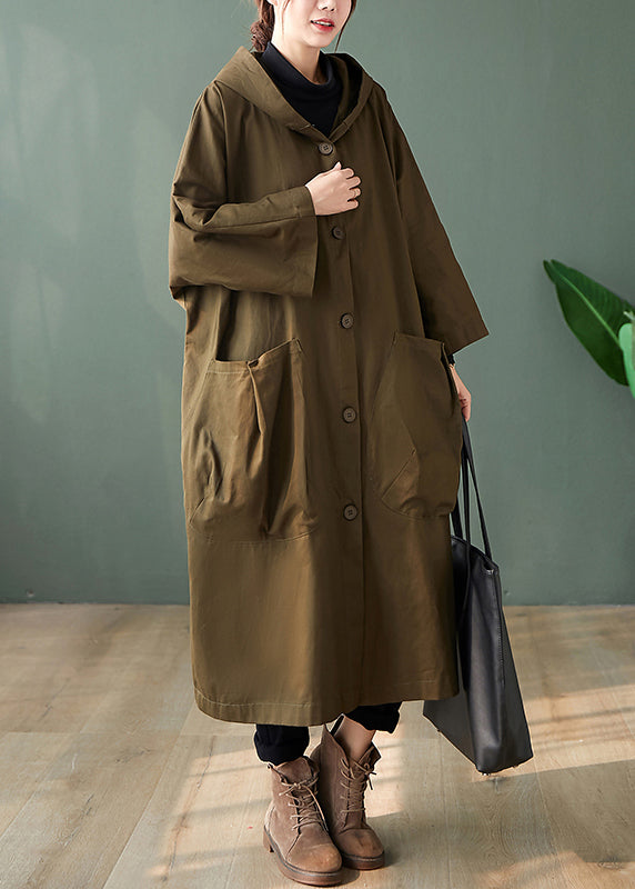 Drune | Schwarze Kapuzen-Taschen Patchwork Baumwoll Lange Trenchcoats Lange Ärmel