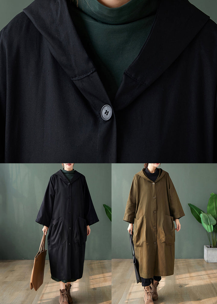 Drune | Schwarze Kapuzen-Taschen Patchwork Baumwoll Lange Trenchcoats Lange Ärmel