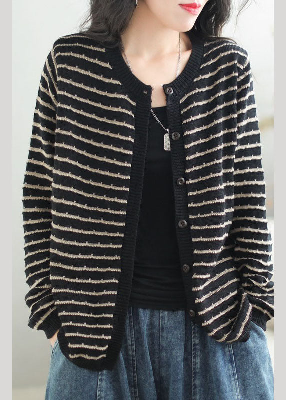 Drune | Schwarze O-Hals gestreifte Patchwork Knopf gemütliche Baumwollstrickpullover Mäntel