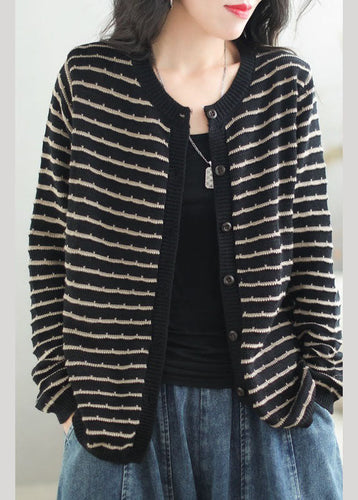 Drune | Schwarze O-Hals gestreifte Patchwork Knopf gemütliche Baumwollstrickpullover Mäntel