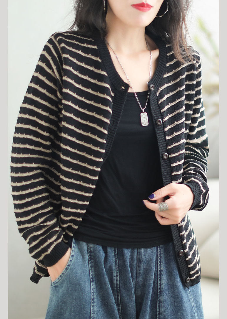 Drune | Schwarze O-Hals gestreifte Patchwork Knopf gemütliche Baumwollstrickpullover Mäntel