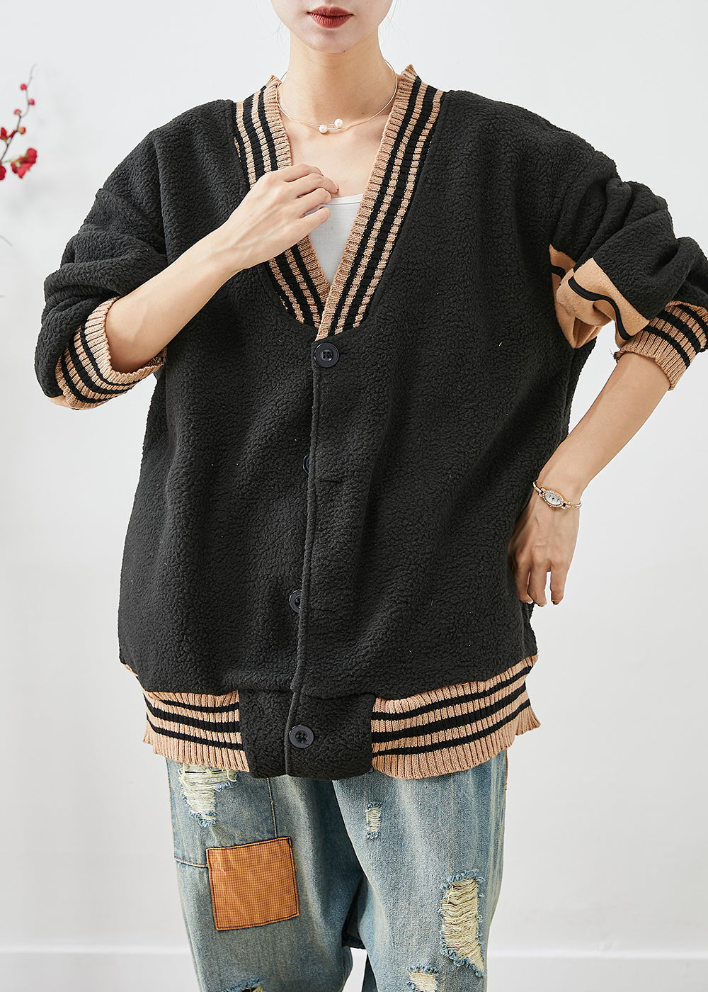 Drune | Schwarze Übergroße Patchwork Teddy Kunstpelzmäntel