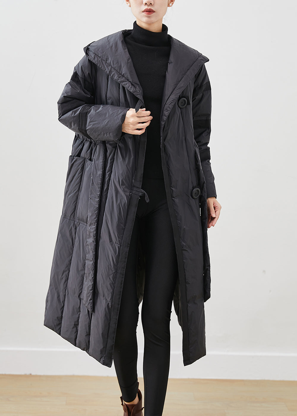 Drune | Schwarze Übergröße Krawatten Taille Entenfedern Daunenmäntel Winter