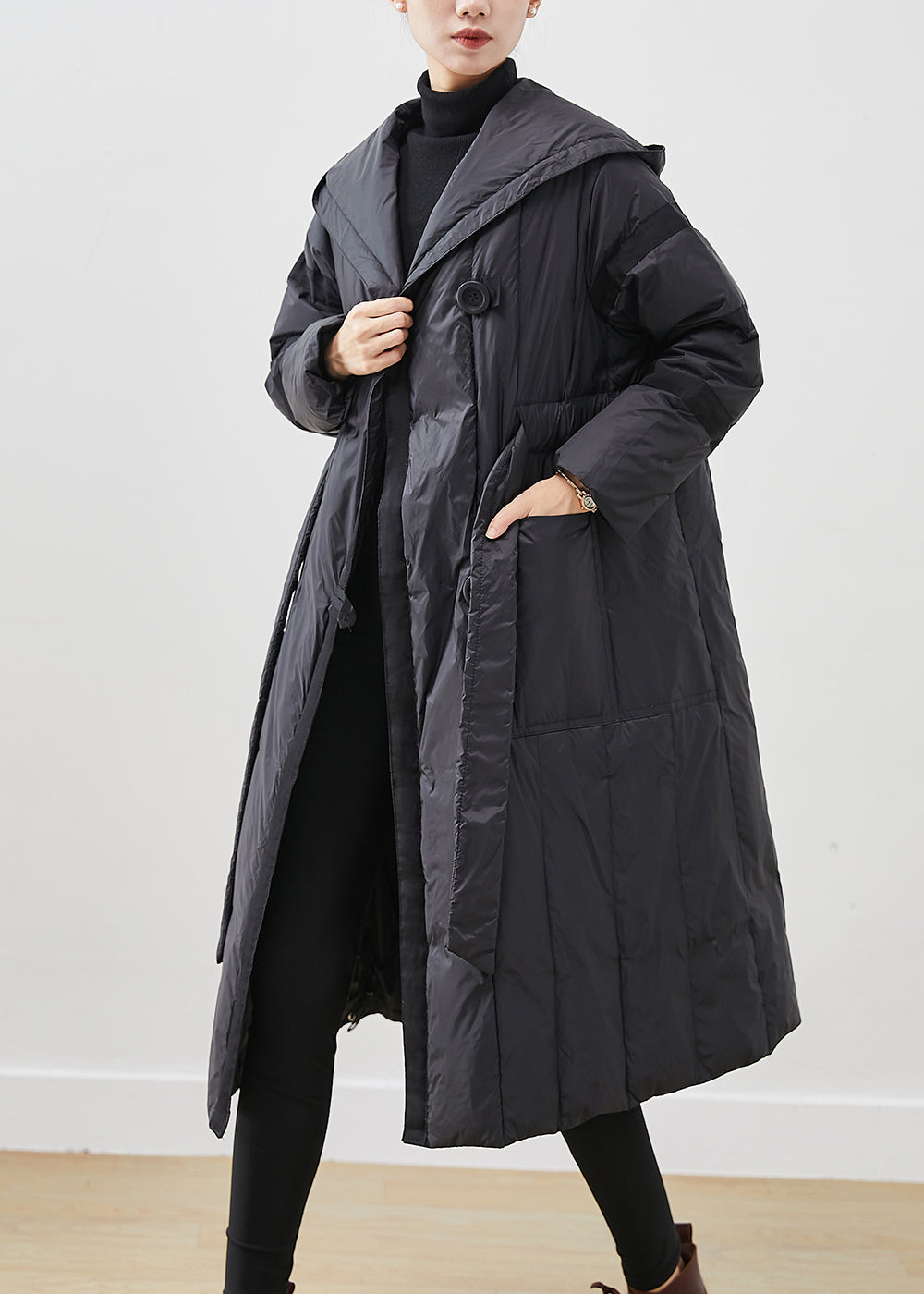 Drune | Schwarze Übergröße Krawatten Taille Entenfedern Daunenmäntel Winter