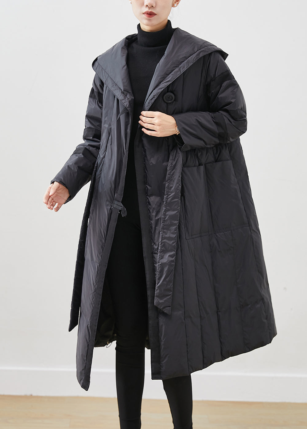 Drune | Schwarze Übergröße Krawatten Taille Entenfedern Daunenmäntel Winter