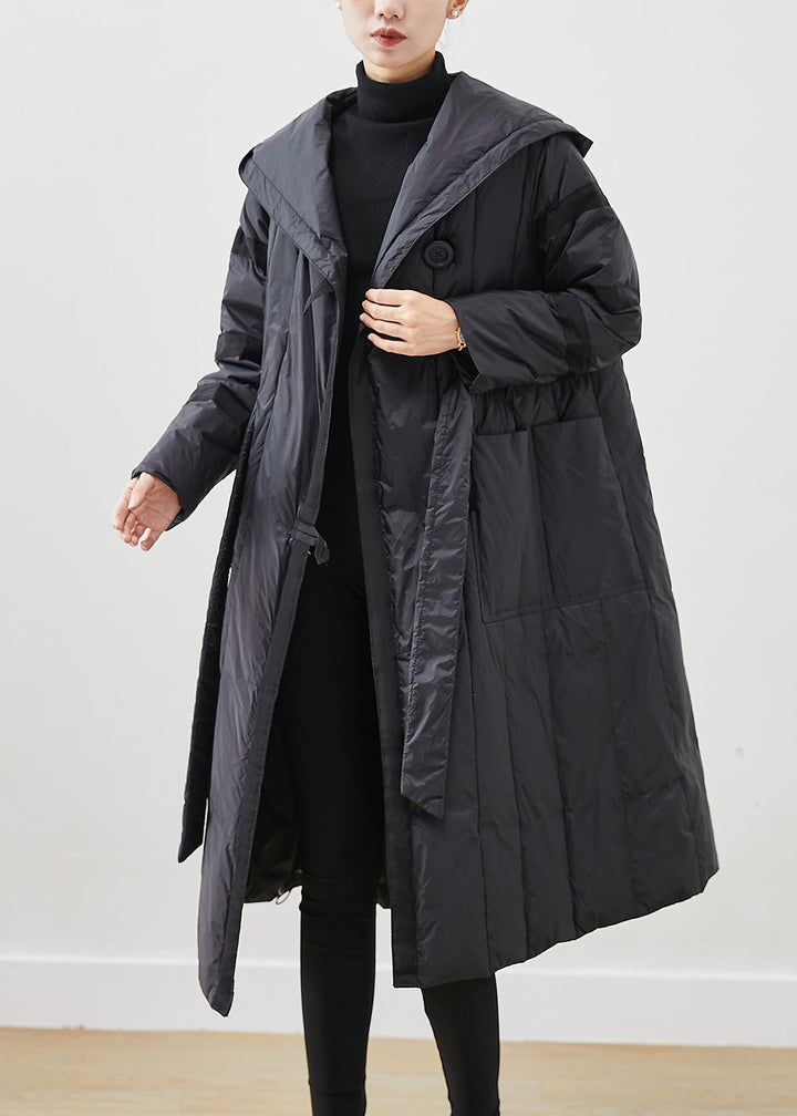 Drune | Schwarze Übergröße Krawatten Taille Entenfedern Daunenmäntel Winter