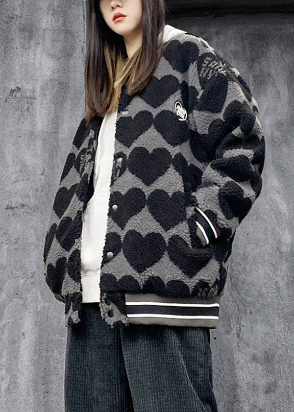 Drune | Schwarze Drucktaschen Patchwork Kunstpelz Baumwollgefüllte Jacken Winter