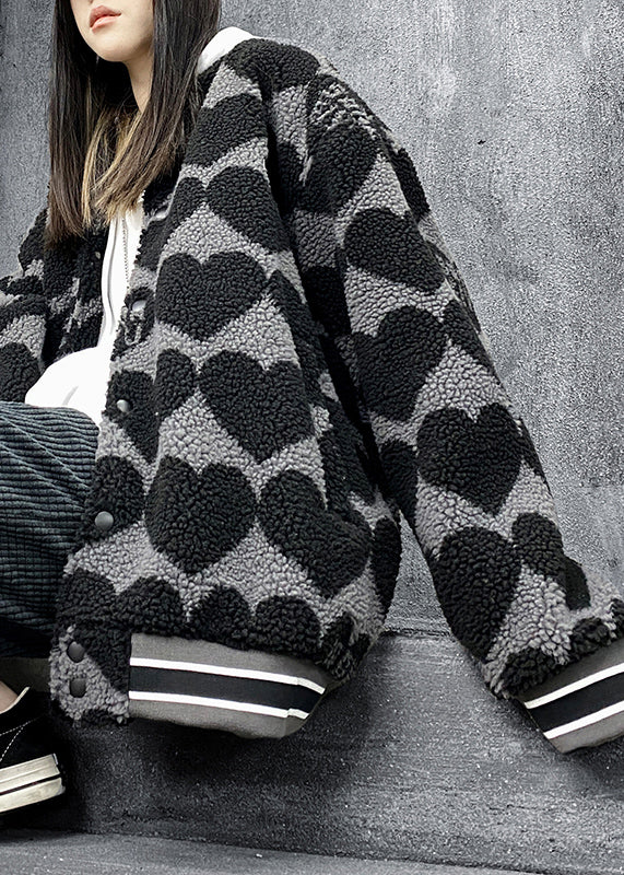 Drune | Schwarze Drucktaschen Patchwork Kunstpelz Baumwollgefüllte Jacken Winter
