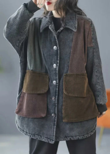 Drune | Blaue Peter-Pan-Kragen Taschen Cordstoff Feine Baumwollgefüllte Jacken Winter