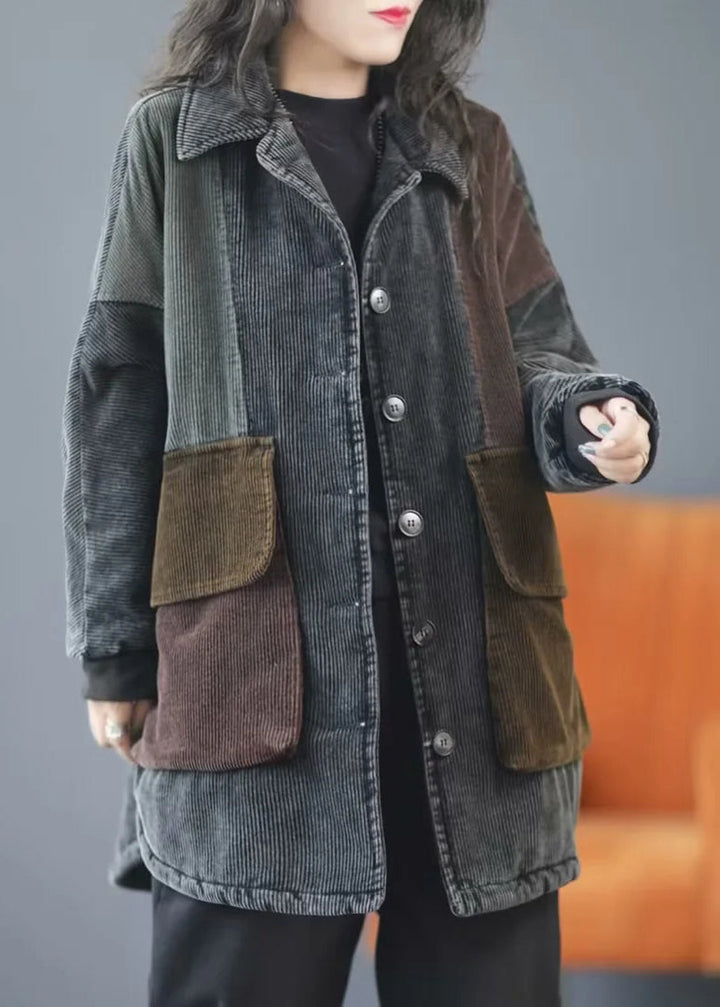 Drune | Blaue Peter-Pan-Kragen Taschen Cordstoff Feine Baumwollgefüllte Jacken Winter
