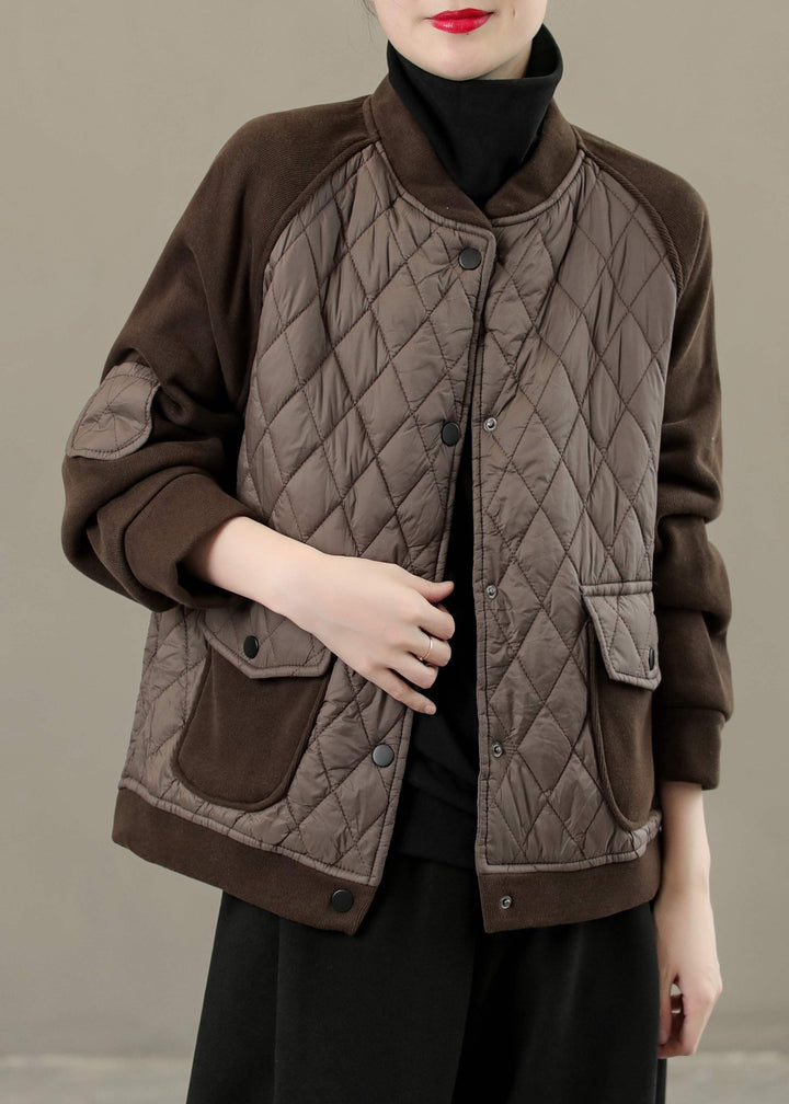 Drune | Kaffee O-Ausschnitt Karo Patchwork Knopf-Down Jacken Winter