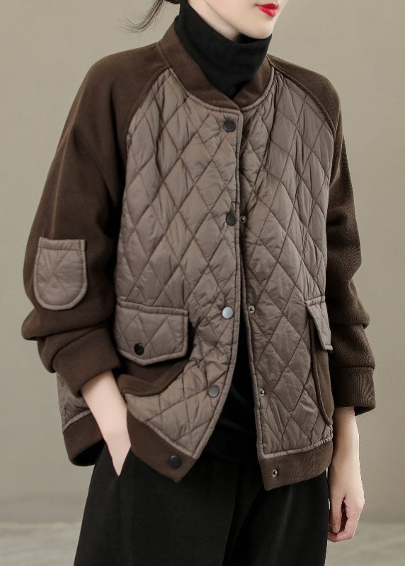 Drune | Kaffee O-Ausschnitt Karo Patchwork Knopf-Down Jacken Winter