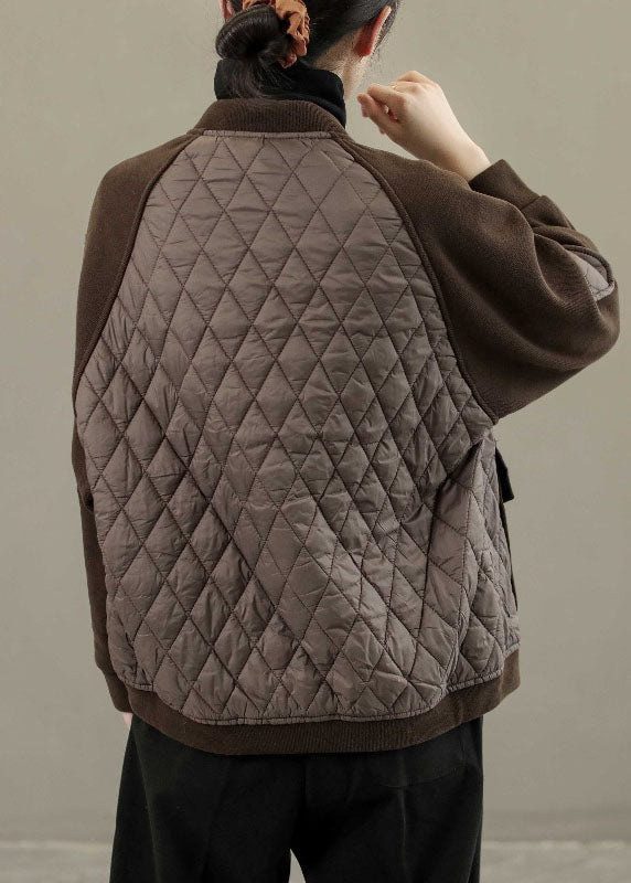 Drune | Kaffee O-Ausschnitt Karo Patchwork Knopf-Down Jacken Winter