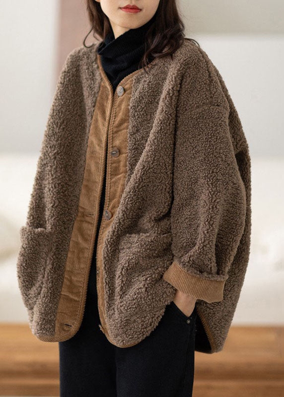 Drune | Kaffee O-Ausschnitt Taschen Knopf Warm Faux Fur Mäntel Lange Ärmel