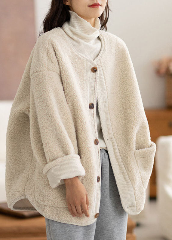 Drune | Kaffee O-Ausschnitt Taschen Knopf Warm Faux Fur Mäntel Lange Ärmel