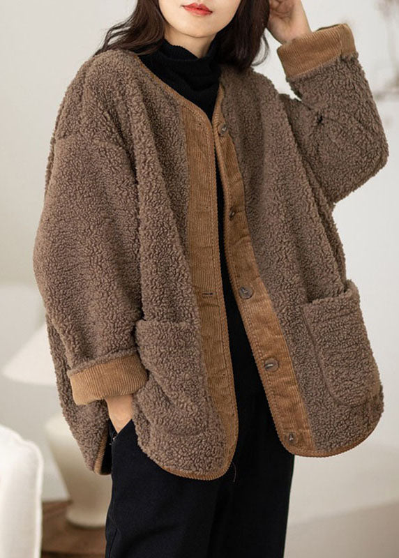 Drune | Kaffee O-Ausschnitt Taschen Knopf Warm Faux Fur Mäntel Lange Ärmel
